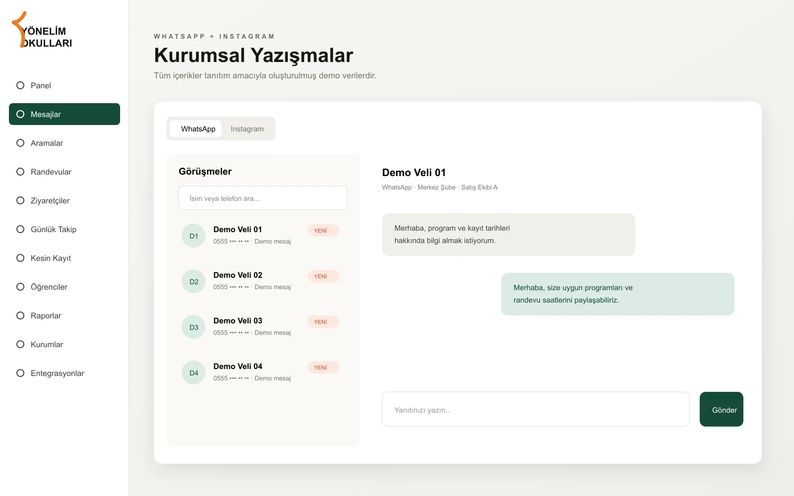 WhatsApp and Instagram in one inbox. — demo interface